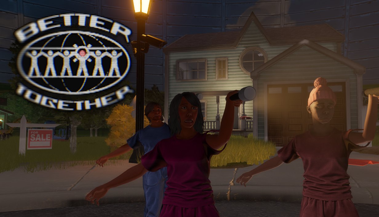 Better Together logo over three friends with torches on a suburban street at night