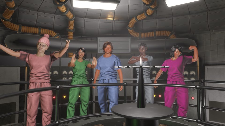Five players in colored scrubs line up in the generator room.