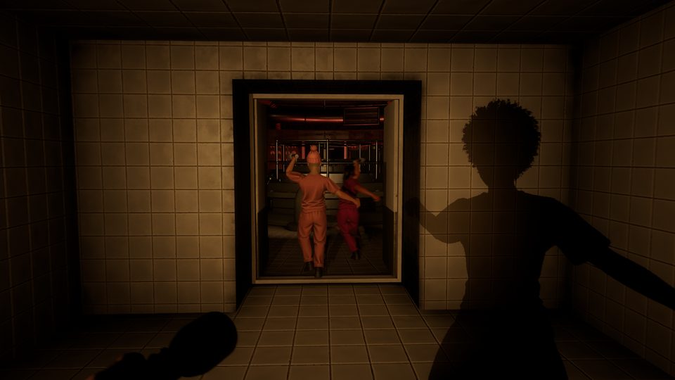 Two players run through a tiled doorway while a shadow falls across the wall.