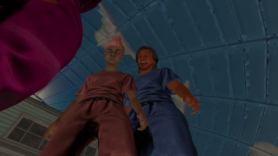 Two players seen from below, the dome's painted sky behind them.